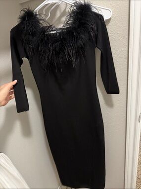 ANTONIO MELANI Black Feather-Trim Long Sleeve Midi Dress